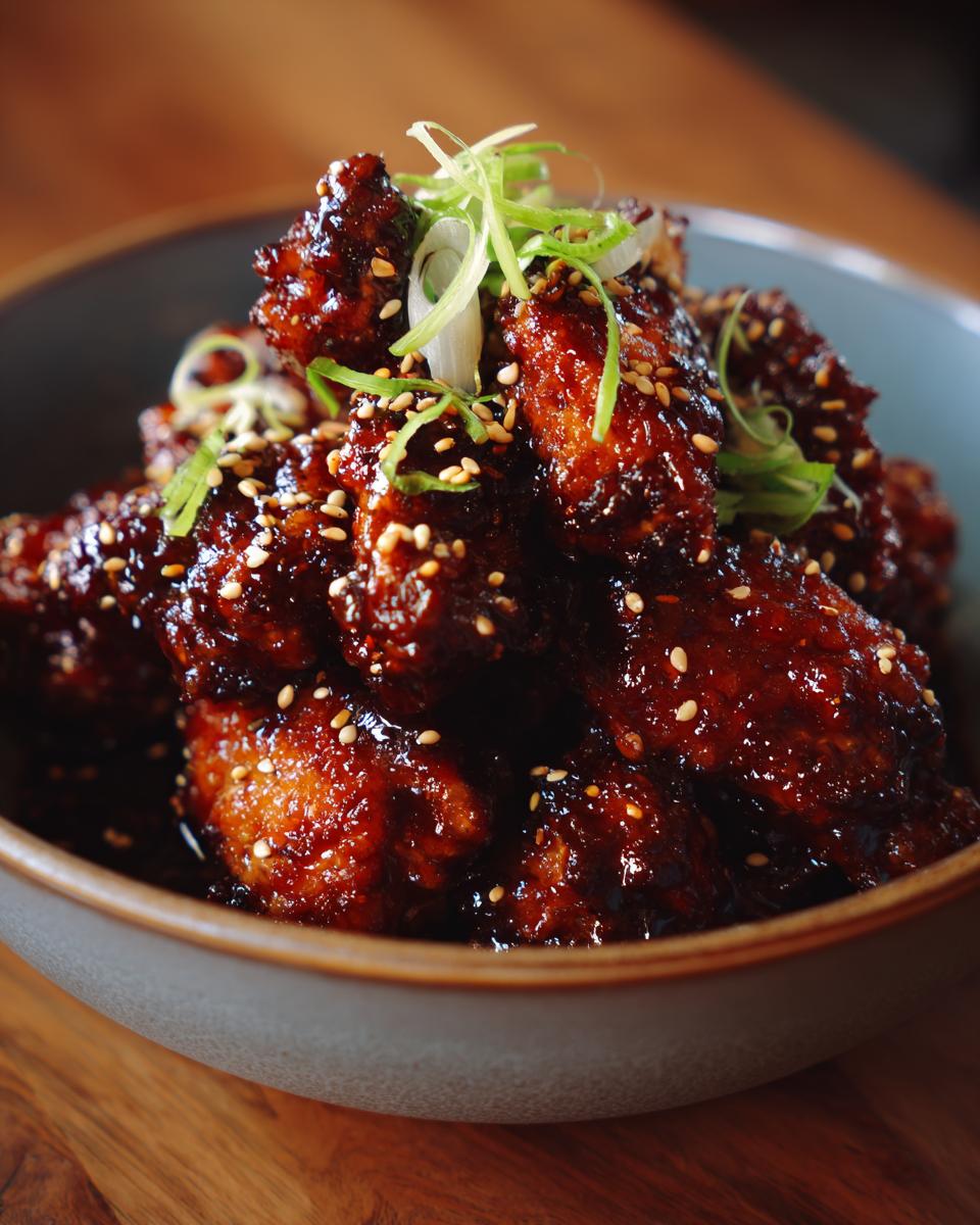 Close-up of glistening honey garlic chicken wings, sprinkled with sesame seeds and green onions.