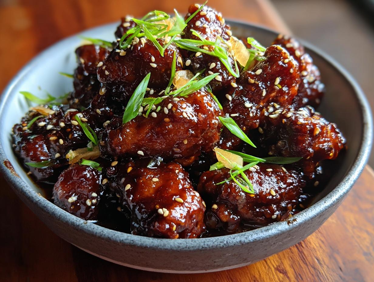 A close-up of glistening honey garlic chicken wings piled high in a bowl, garnished with sesame seeds and green onions.
