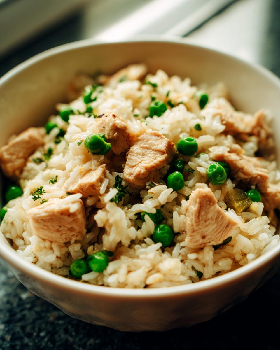 A close-up of a bowl filled with Instant Pot Chicken and Rice, featuring tender chicken pieces and bright green peas.