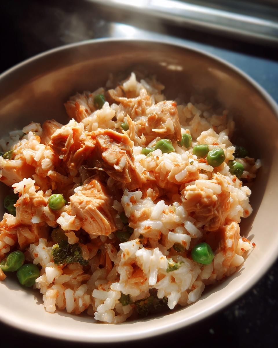 A close-up of a bowl of Instant Pot chicken and rice with peas and broccoli florets.