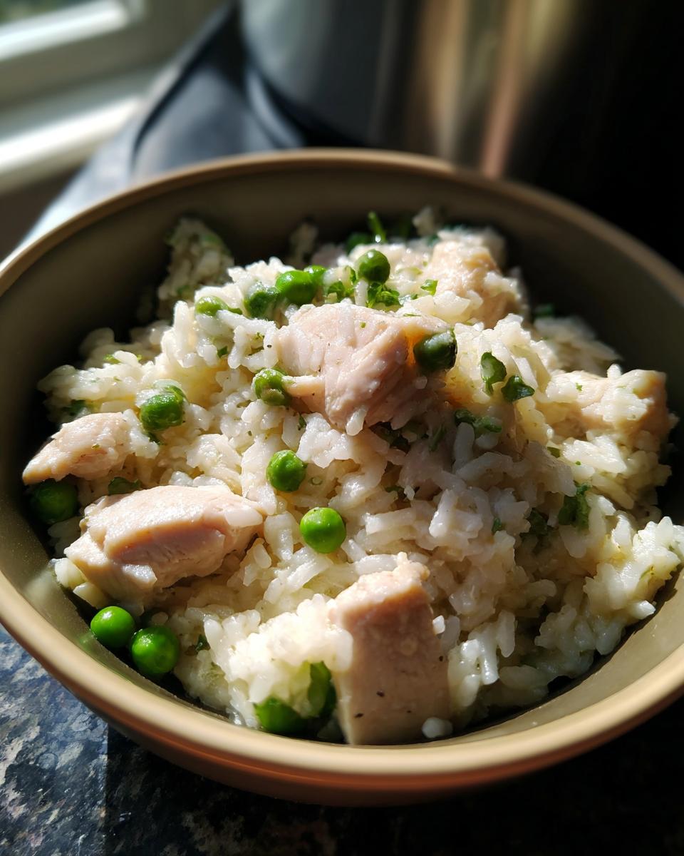 A close-up of a bowl filled with Instant Pot Chicken and Rice, featuring tender chicken pieces and bright green peas.