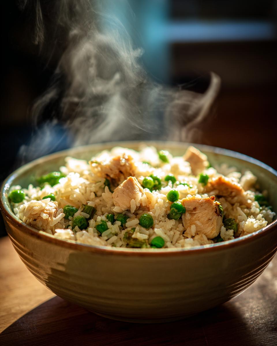 A close-up of a steaming bowl of Instant Pot Chicken and Rice with peas.