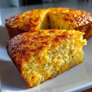 A close-up of a slice of Jalapeño Cheddar Cornbread, showing melted cheddar cheese and herbs.