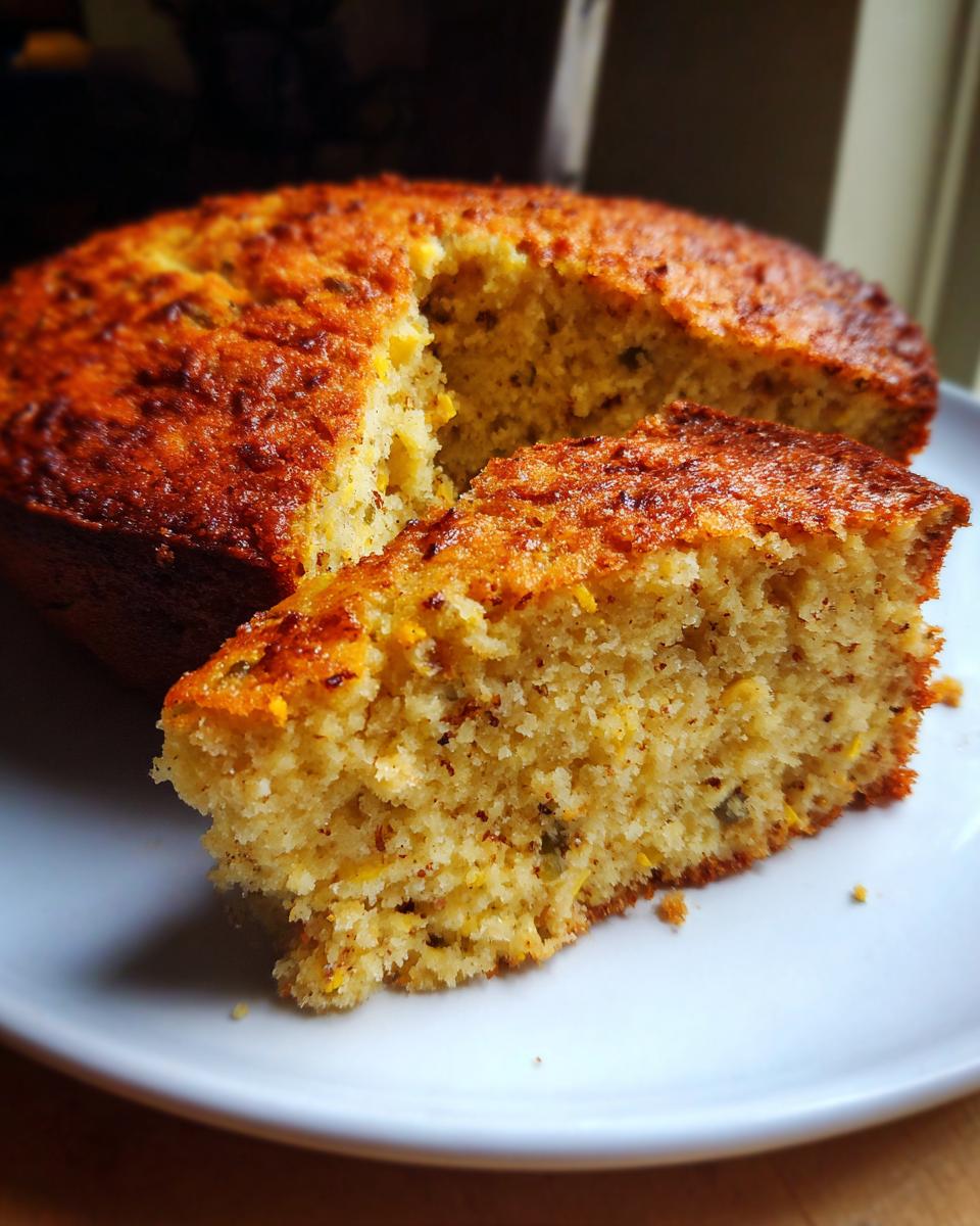 A slice of golden-brown Jalapeño Cheddar Cornbread with visible flecks of jalapeño and cheddar on a white plate.