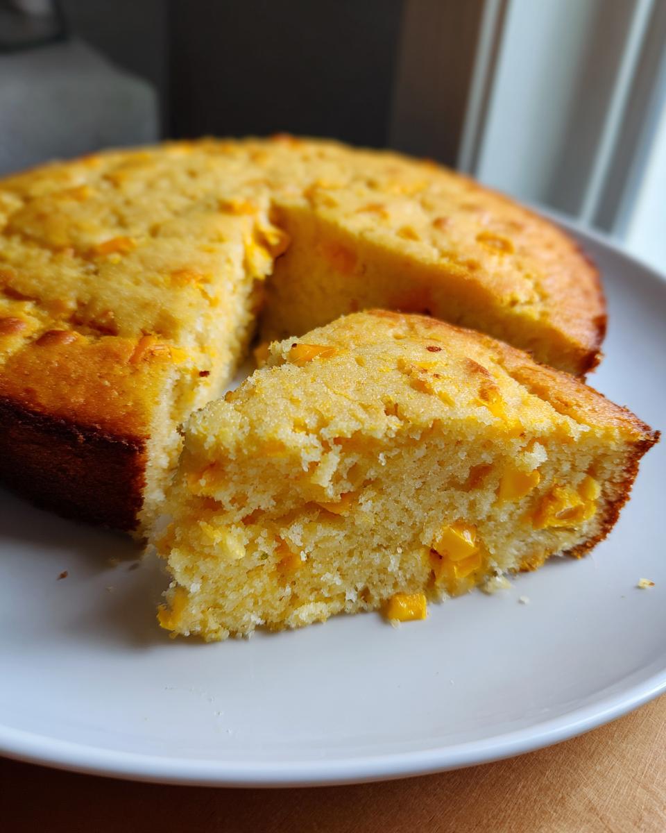 A close-up view of a slice of Jalapeño Cheddar Cornbread on a white plate, showcasing the texture and corn kernels.