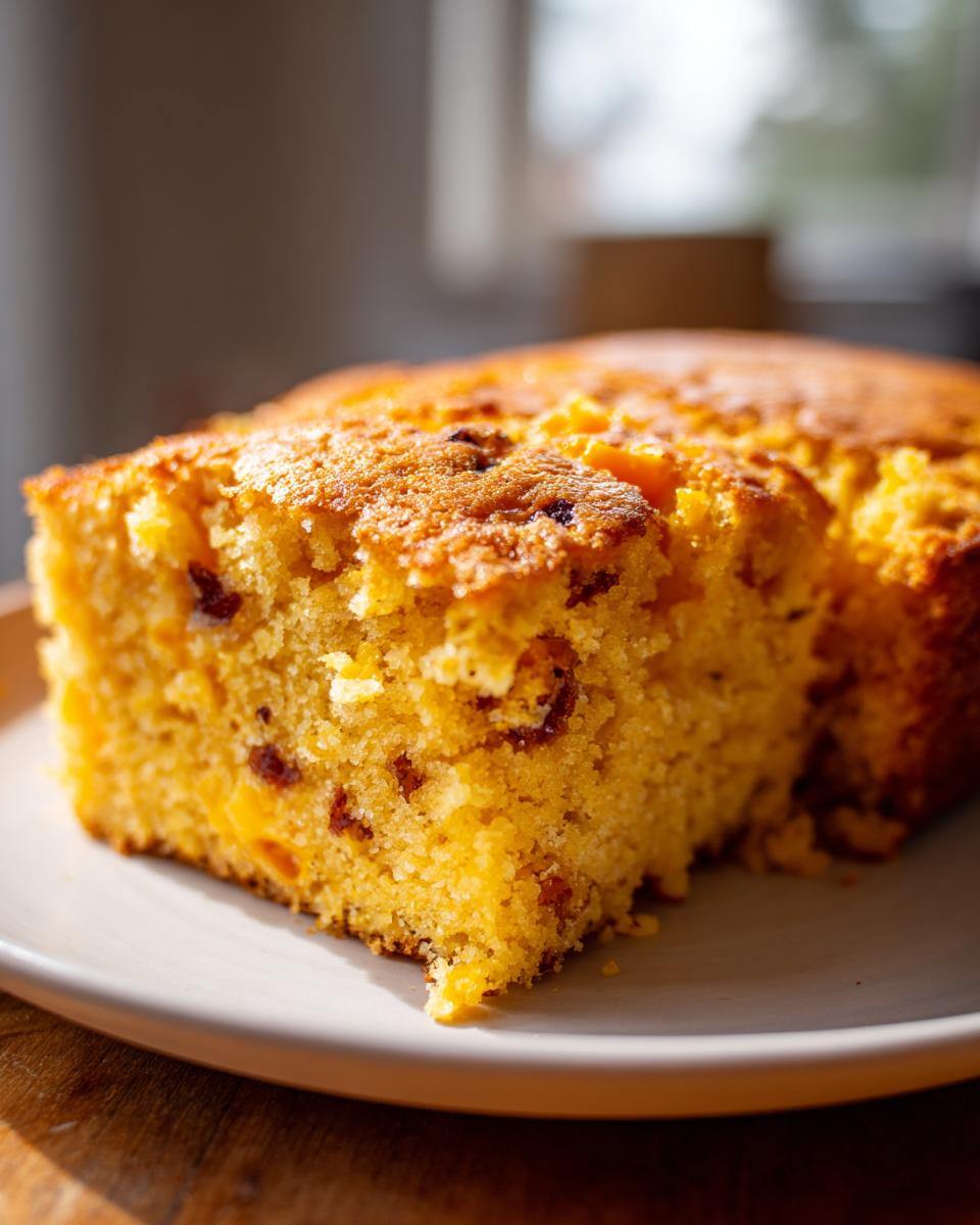 A close-up of a slice of moist Jalapeño Cheddar Cornbread, showing chunks of cheese and jalapeño.