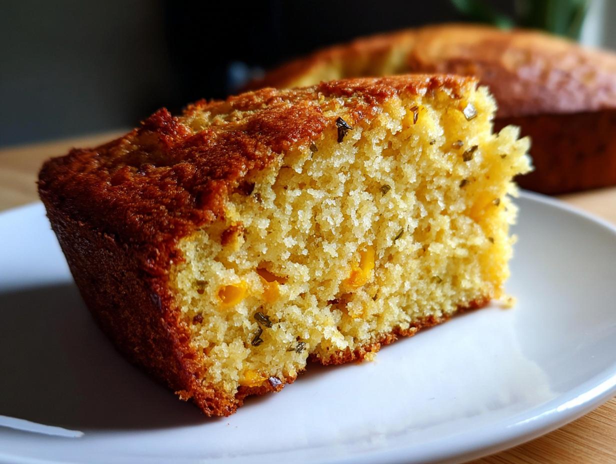 A close-up of a moist slice of Jalapeño Cheddar Cornbread on a white plate, showing visible flecks of jalapeño and cheddar cheese.