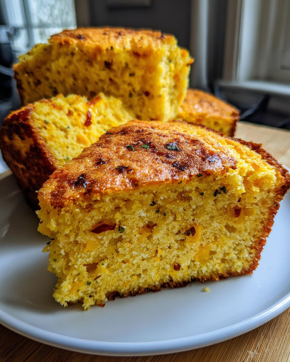 Close-up of a slice of freshly baked Jalapeño Cheddar Cornbread on a white plate, showing visible chunks of cheese and jalapeño.
