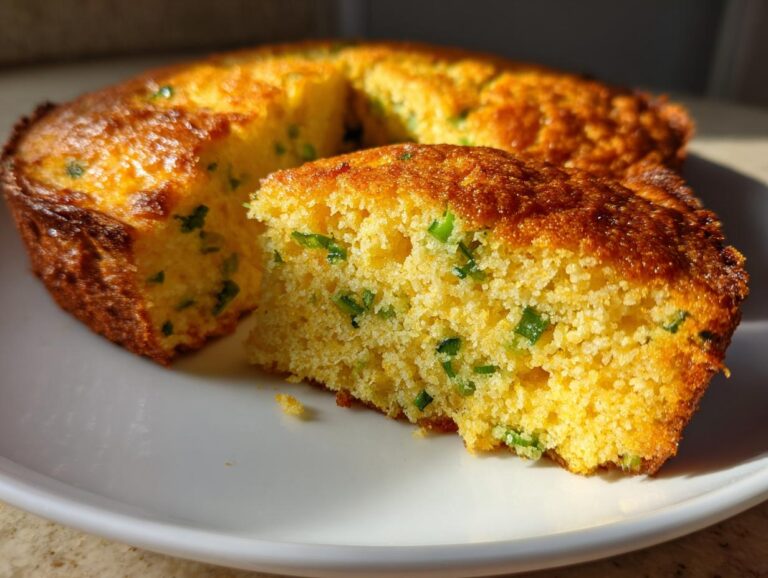 A close-up view of a slice of golden-brown Jalapeño cornbread with visible green jalapeño pieces.