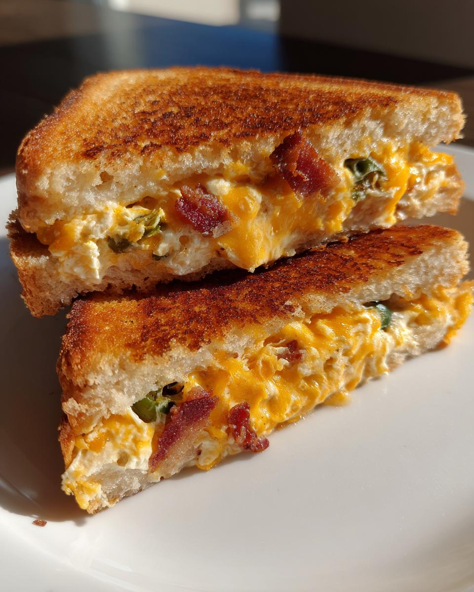 A close-up of a Jalapeño Popper Grilled Cheese sandwich, cut in half, showing melted cheese, bacon, and jalapeños.