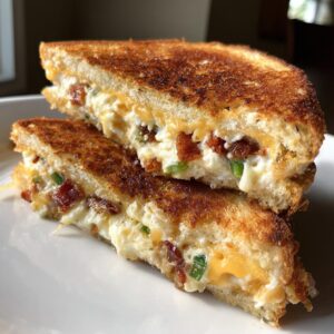 A close-up of a Jalapeño Popper Grilled Cheese sandwich, cut in half and stacked, showing melted cheese, bacon, and jalapeños.