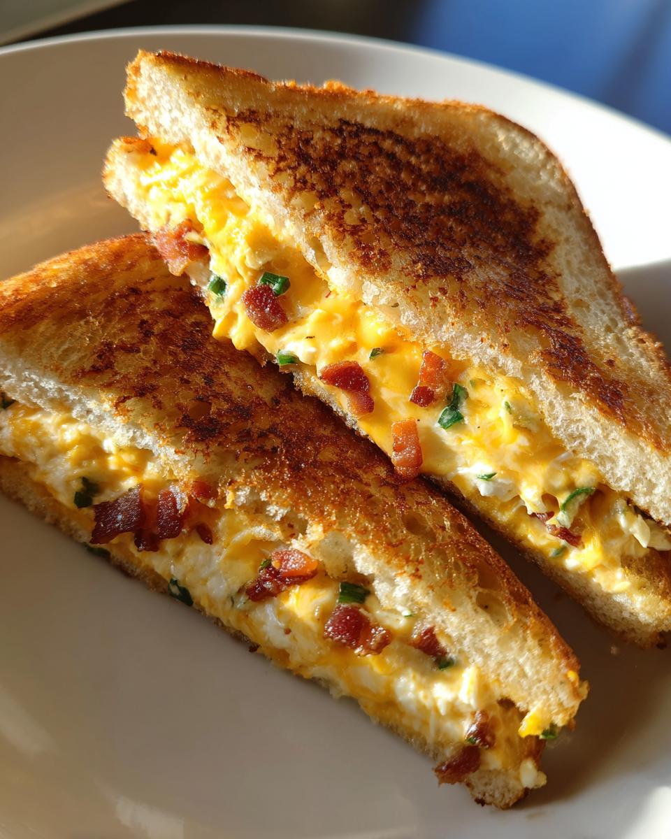 A close-up of a Jalapeño Popper Grilled Cheese sandwich, cut in half, revealing creamy cheese, bacon, and green onions.