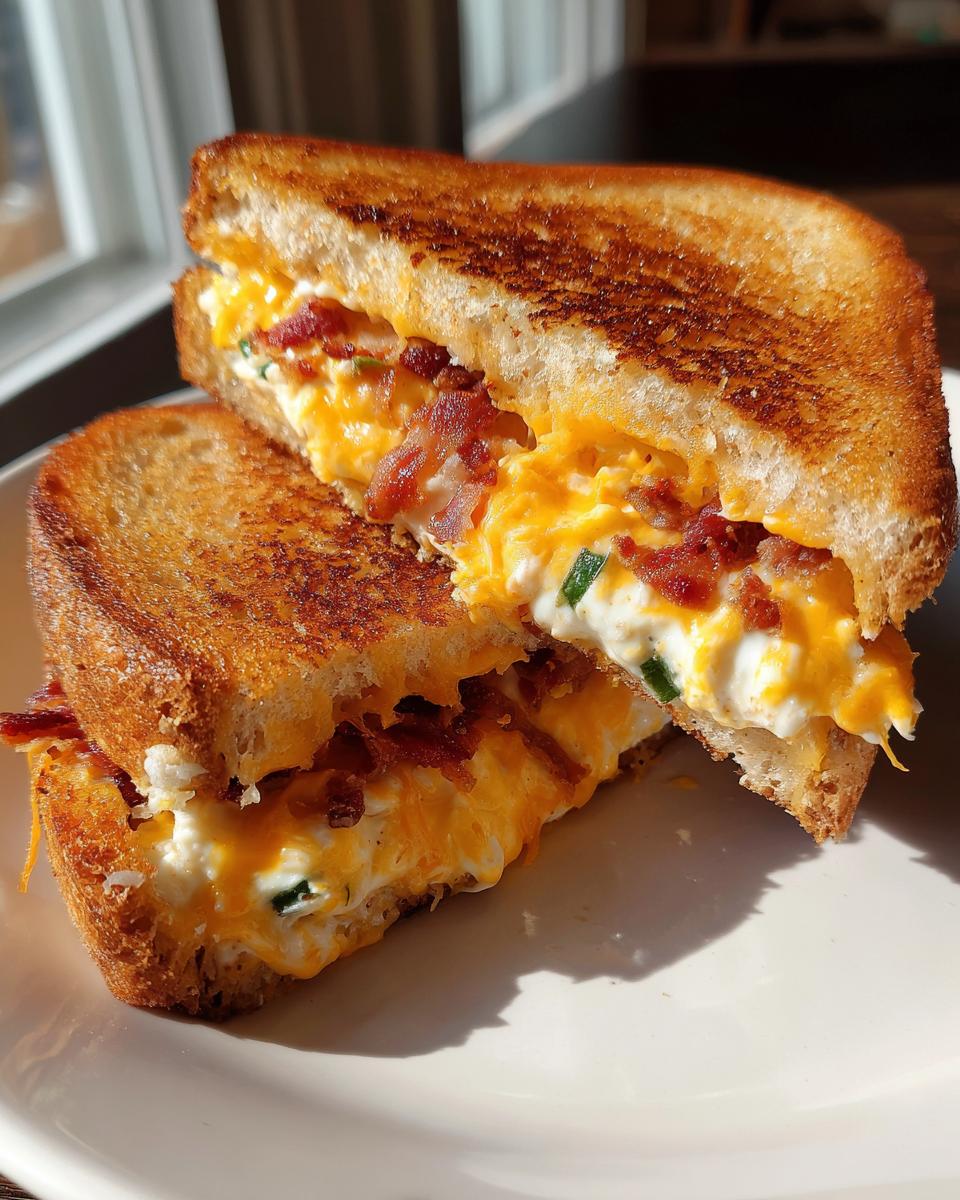 A close-up of a Jalapeño Popper Grilled Cheese sandwich, cut in half, revealing melted cheese, bacon, and jalapeños.