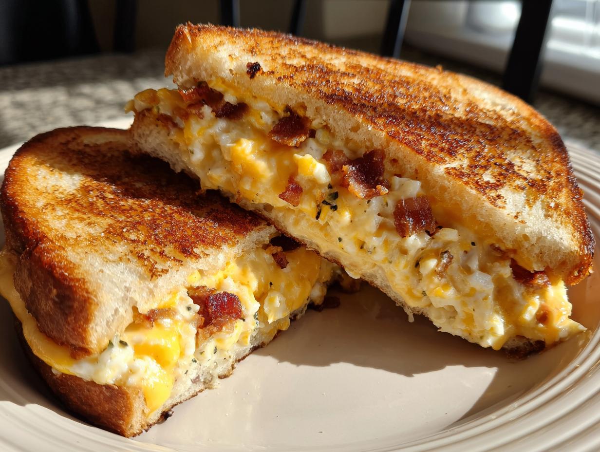 Close-up of a Jalapeño Popper Grilled Cheese sandwich, cut in half, showing melted cheese, bacon, and creamy filling.