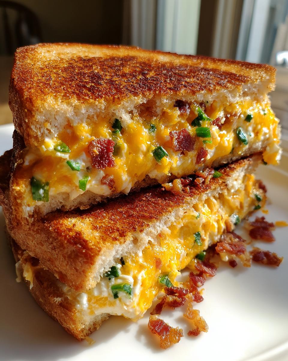 A close-up of a Jalapeño Popper Grilled Cheese sandwich, cut in half and stacked, showing melted cheese, bacon, and chives.