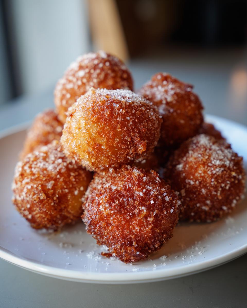 Close-up of a pile of sweet Korean Corn Dogs, coated in sugar and cinnamon.