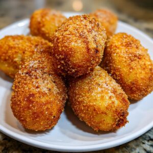 A close-up shot of several Korean Corn Dogs coated in crispy breadcrumbs and sugar, piled on a white plate.