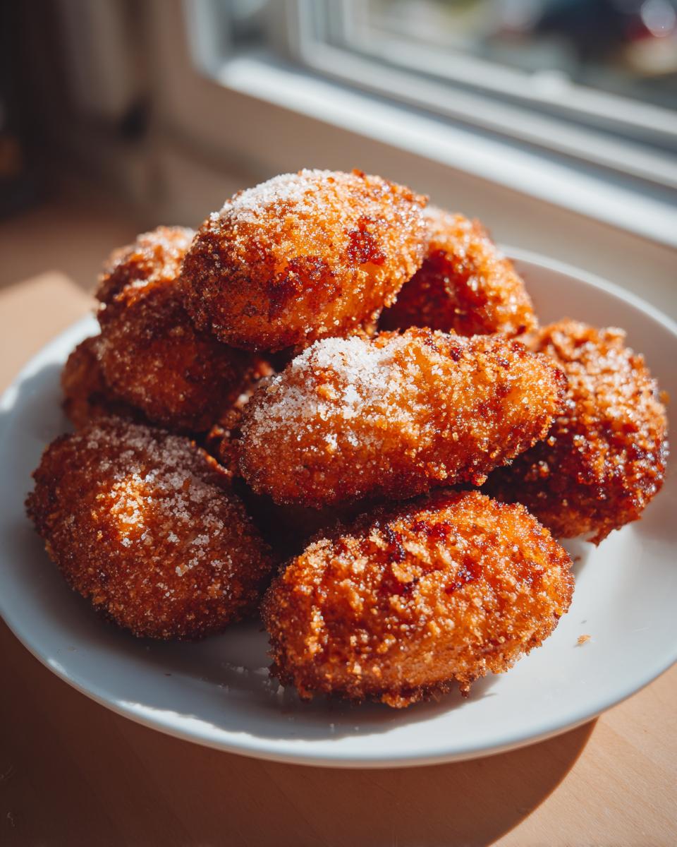 A pile of golden-brown Korean Corn Dogs dusted with sugar, presented on a white plate.