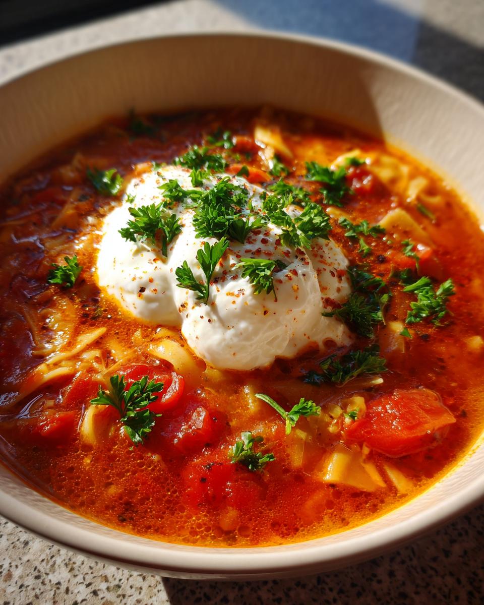 A close-up shot of a bowl of hearty Lasagna Soup, topped with dollops of creamy ricotta and fresh parsley.