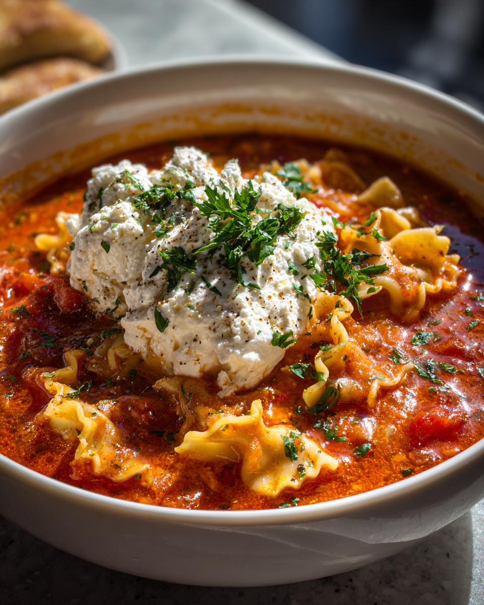 A close-up of a bowl of hearty lasagna soup topped with a dollop of creamy ricotta and fresh parsley.