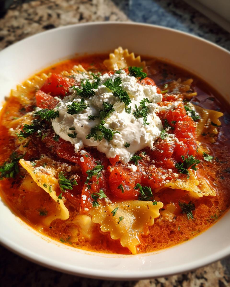 A close-up of a bowl of hearty Lasagna Soup, topped with creamy ricotta cheese, fresh parsley, and pasta.