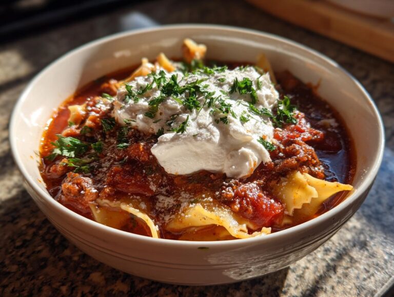 A close-up of a bowl of delicious Lasagna Soup topped with a dollop of ricotta cheese and fresh parsley.
