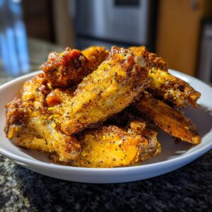 A close-up of a white bowl filled with golden brown lemon pepper wings, generously seasoned.
