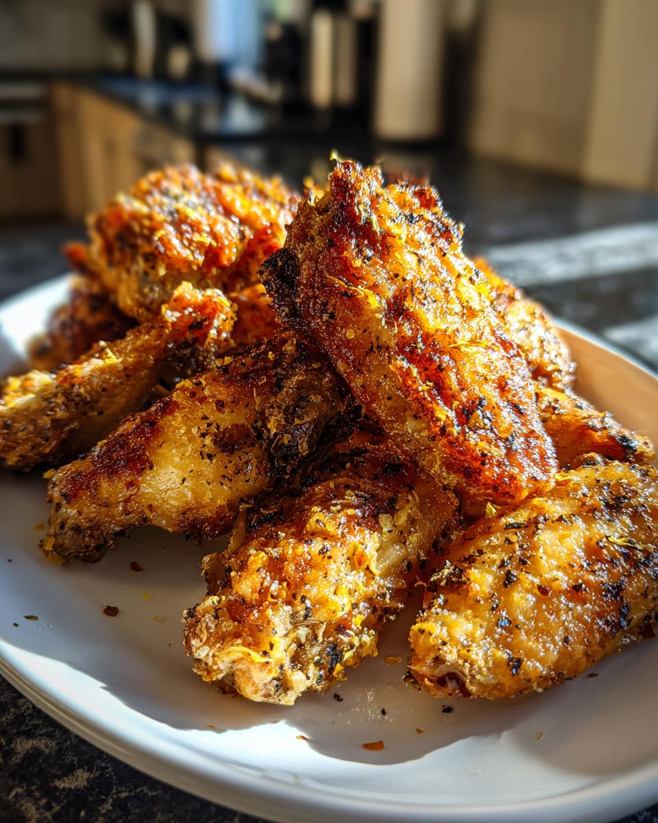 A close-up shot of golden brown lemon pepper wings piled on a white plate, seasoned with visible lemon zest and black pepper.