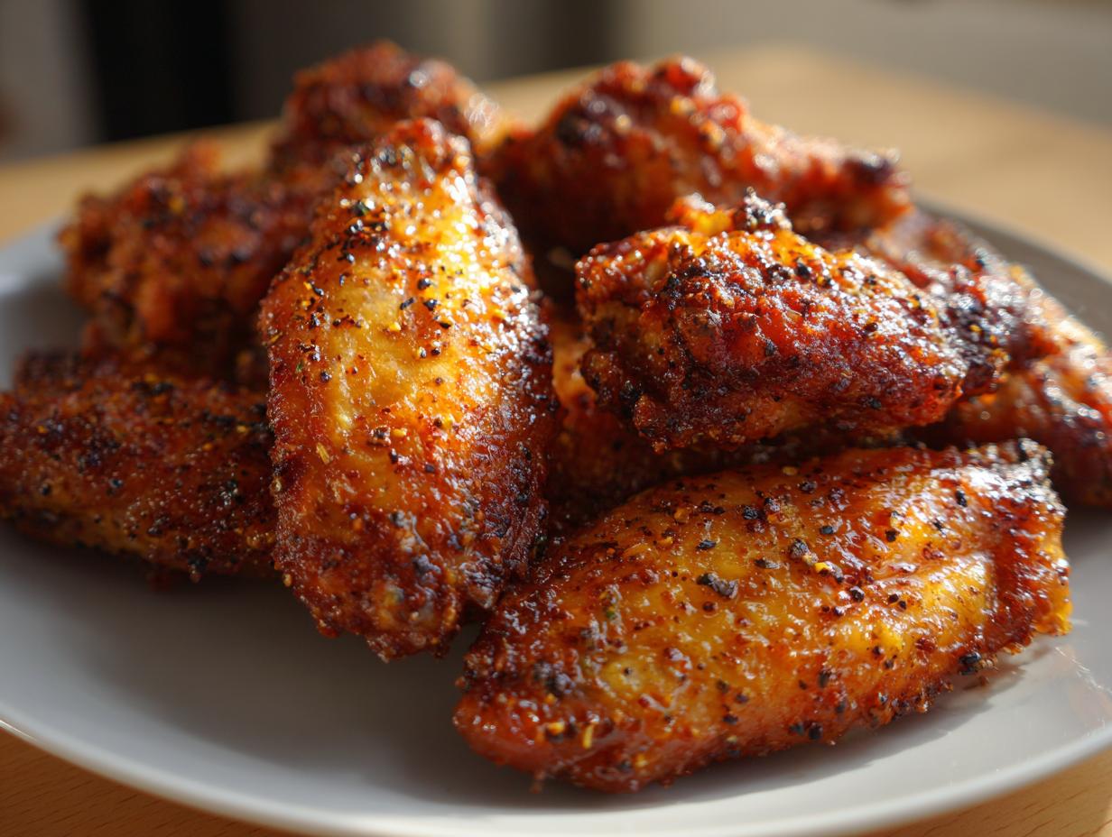 Close-up of a plate of crispy, golden-brown lemon pepper wings seasoned with visible pepper flakes.