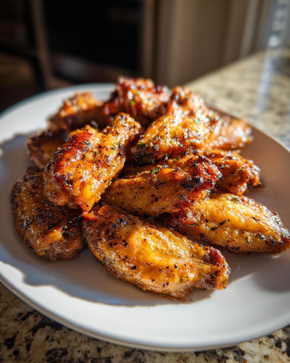 A close-up shot of a plate piled high with golden-brown lemon pepper wings, seasoned with visible black pepper and herbs.