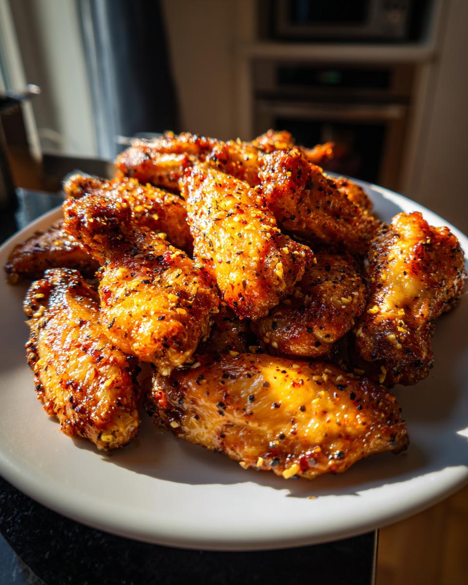 A close-up shot of a pile of golden brown lemon pepper wings seasoned with black pepper and spices.
