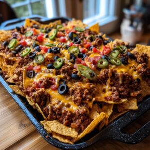 A close-up of loaded nachos piled high with seasoned ground beef, melted cheese, olives, jalapenos, and tomatoes.