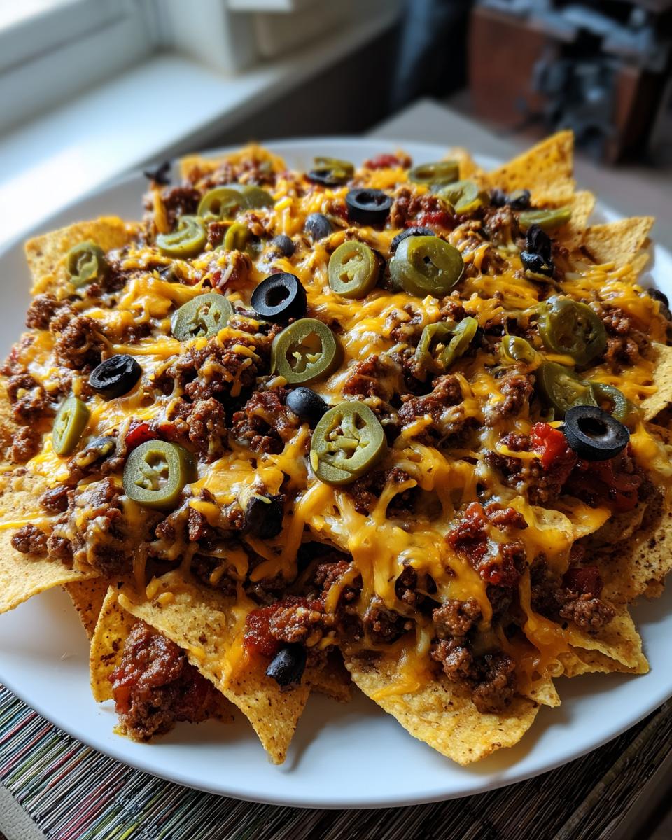 A generous plate of loaded nachos topped with seasoned ground beef, melted cheese, jalapenos, and black olives.