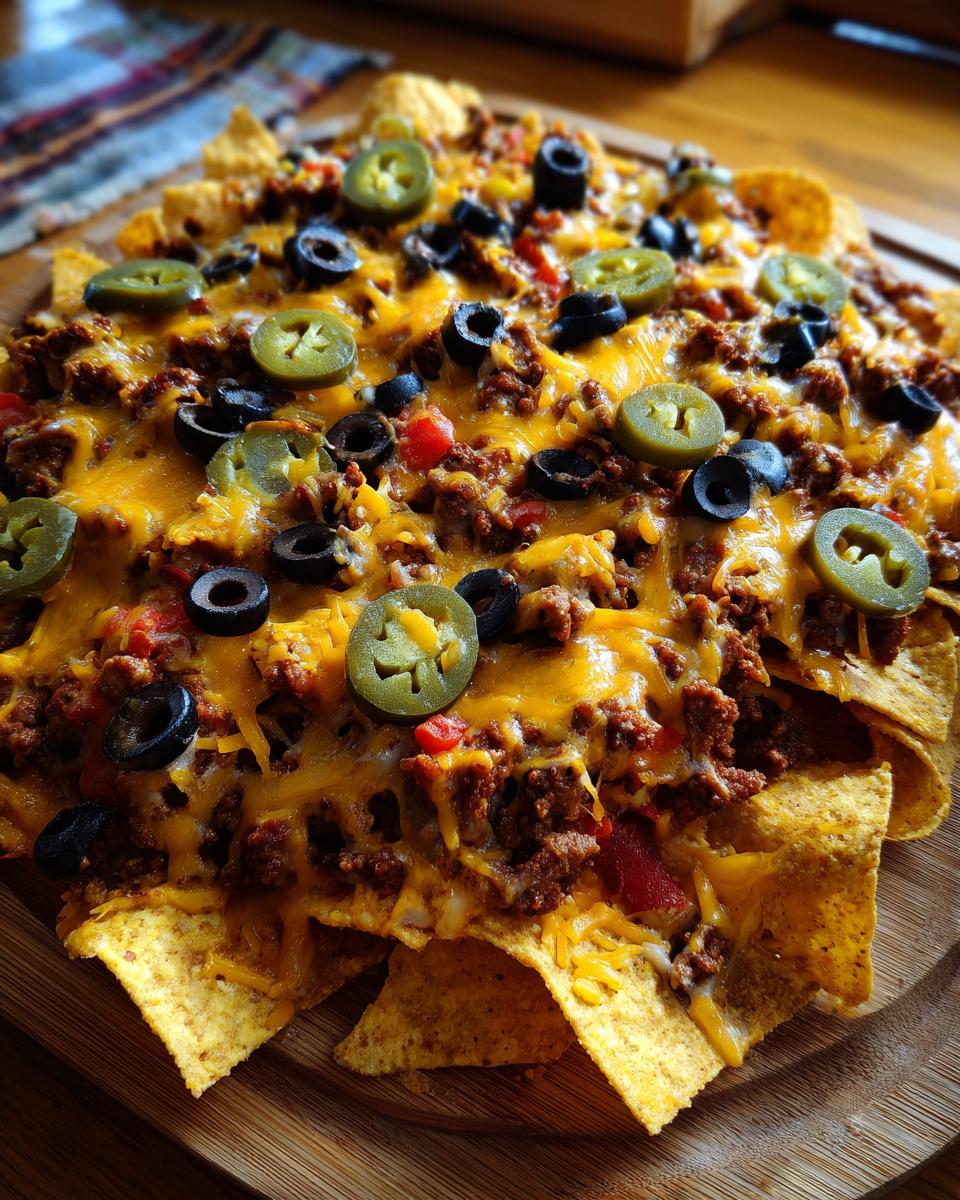 Close-up of loaded nachos topped with seasoned ground beef, melted cheese, black olives, and jalapeños.