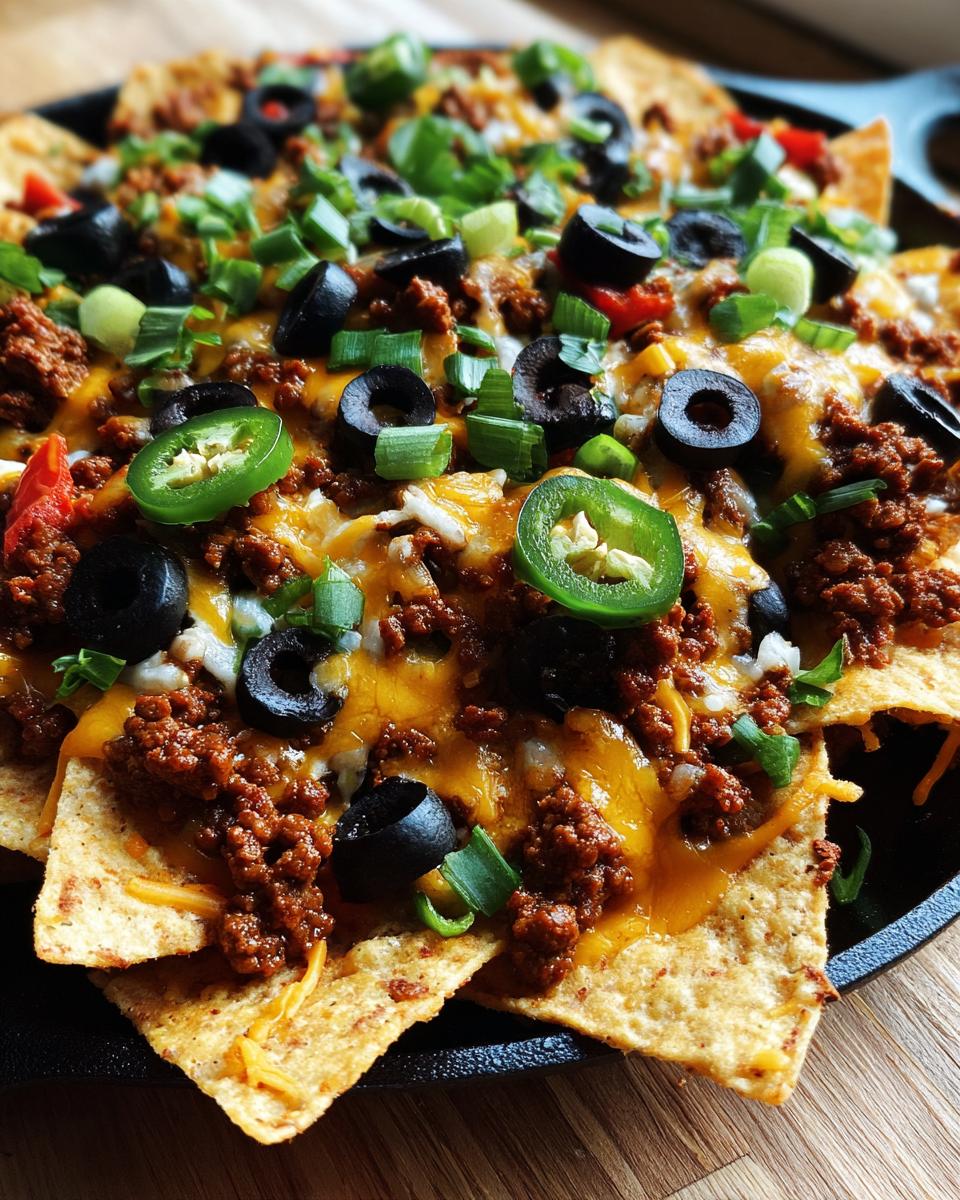 A close-up of loaded nachos topped with seasoned ground beef, melted cheese, black olives, jalapeños, and green onions.