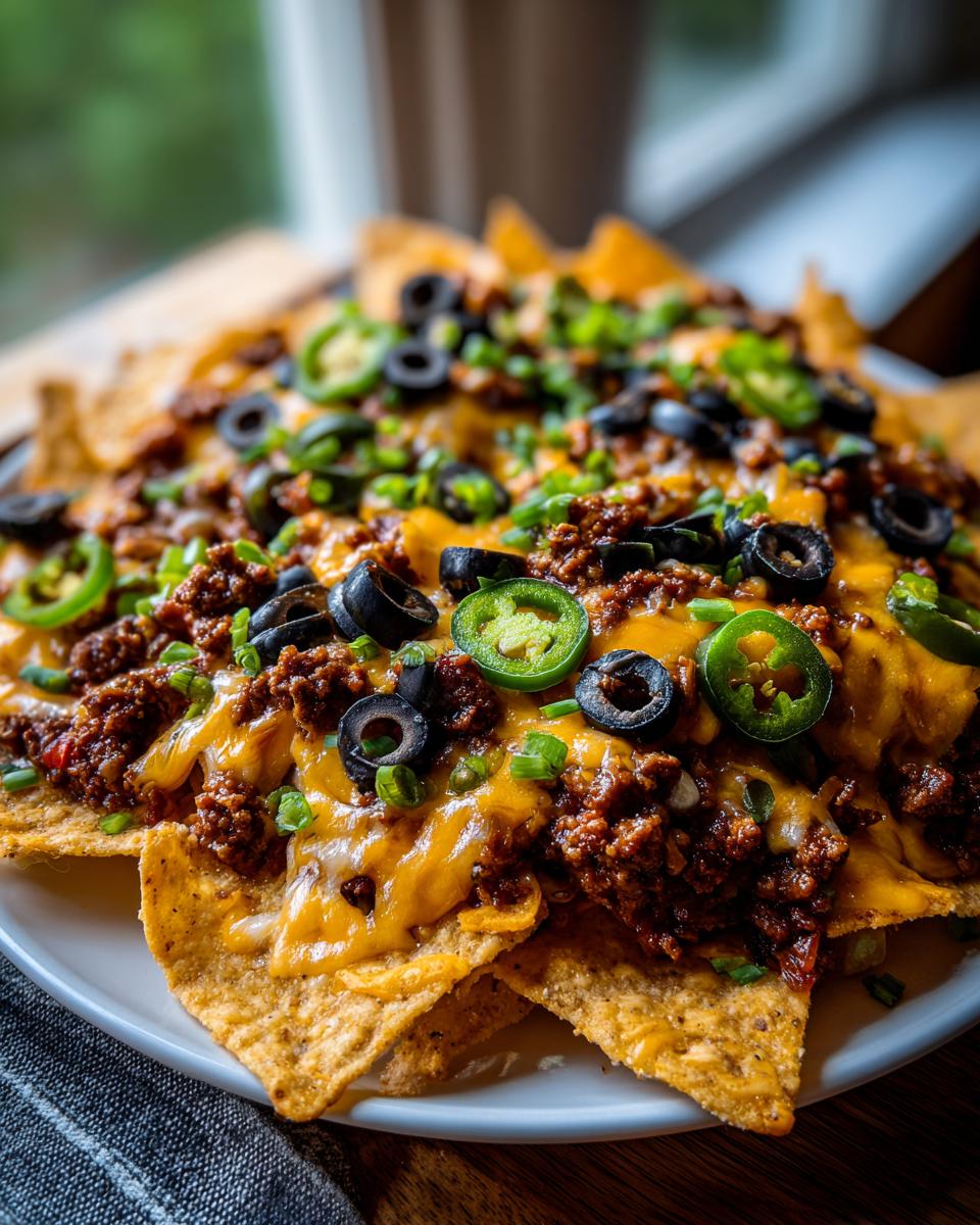 A close-up of loaded nachos piled high with seasoned ground beef, melted cheese, jalapeños, olives, and green onions.