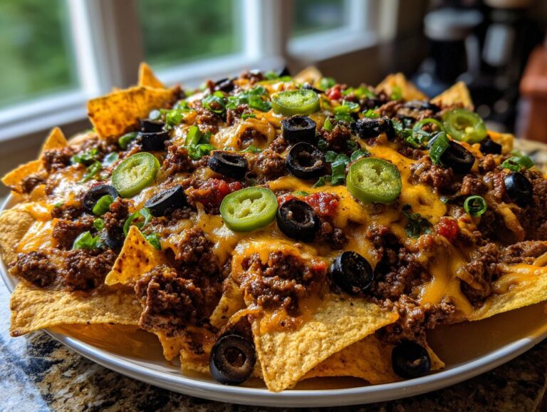 A generous platter of loaded nachos topped with seasoned ground beef, melted cheese, black olives, jalapenos, and green onions.