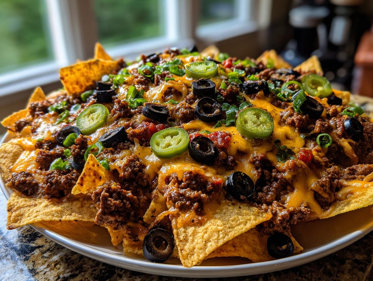 A generous platter of loaded nachos topped with seasoned ground beef, melted cheese, black olives, jalapenos, and green onions.