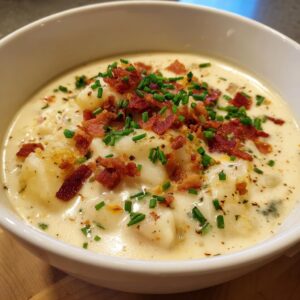 A close-up of a bowl of creamy loaded potato soup topped with crispy bacon bits and fresh chives.
