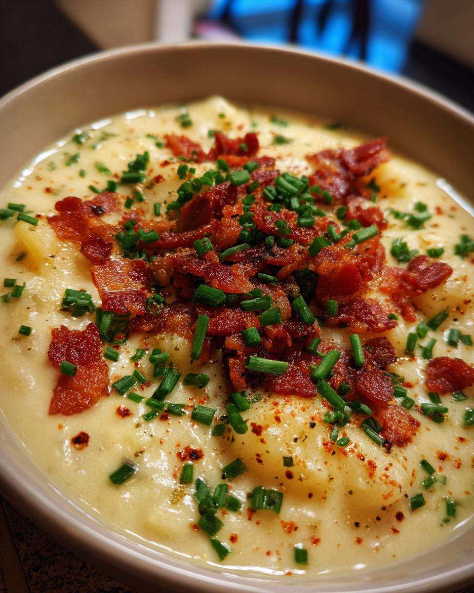 A close-up of a bowl of loaded potato soup topped with crispy bacon, fresh chives, and a sprinkle of paprika.