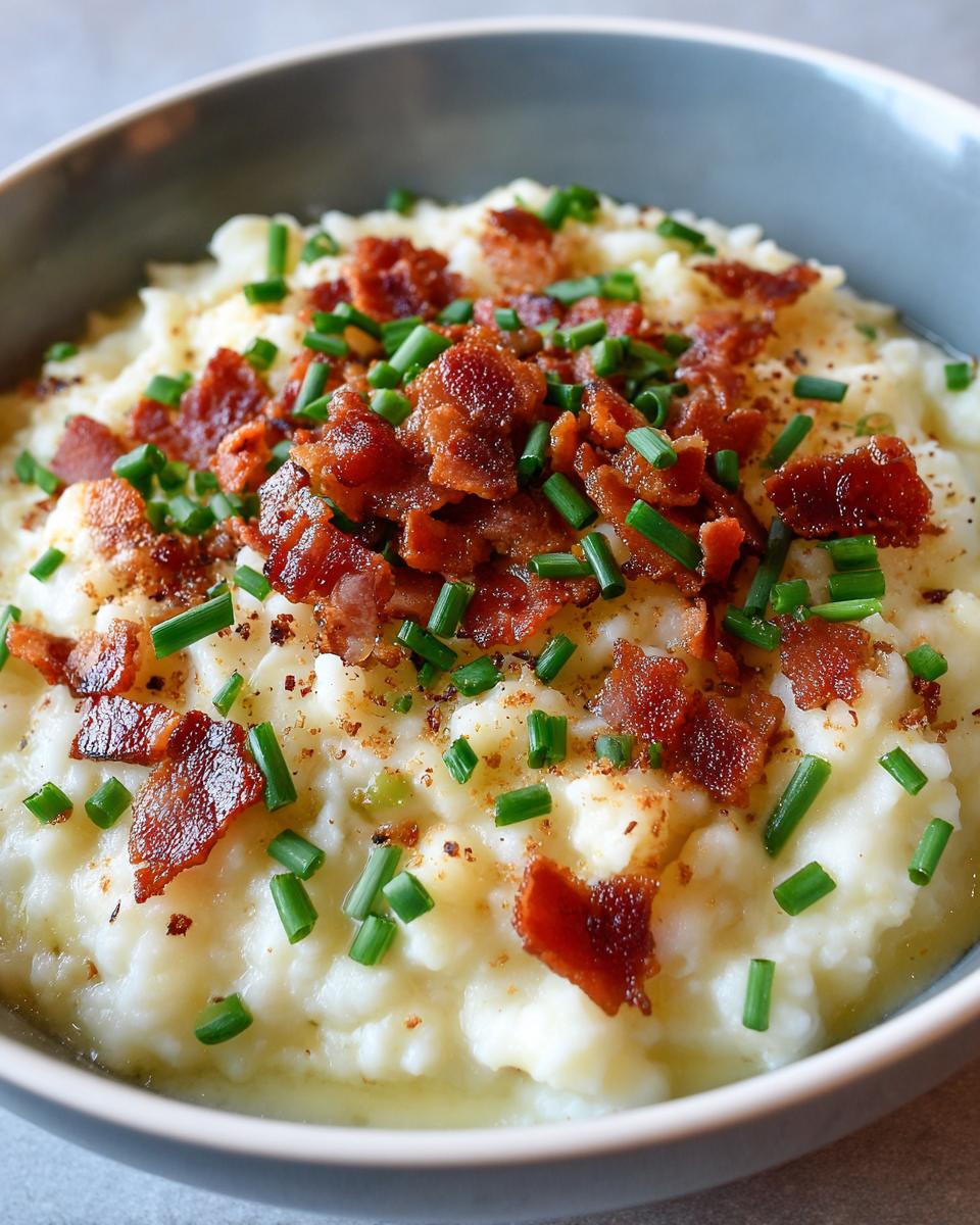 A close-up of a bowl of loaded potato soup topped with crispy bacon and fresh chives.