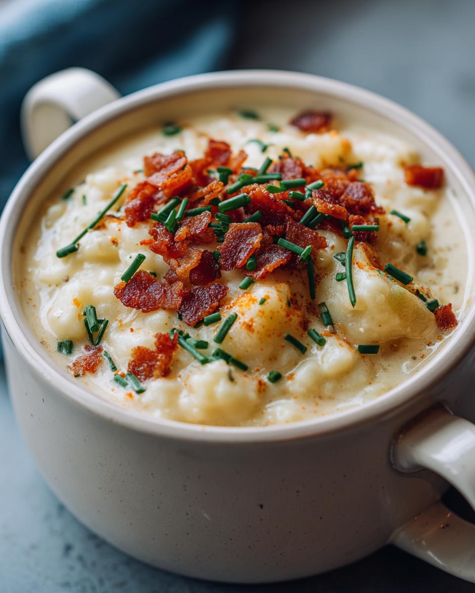 A close-up of a bowl of loaded potato soup, topped with crispy bacon bits and fresh chives.