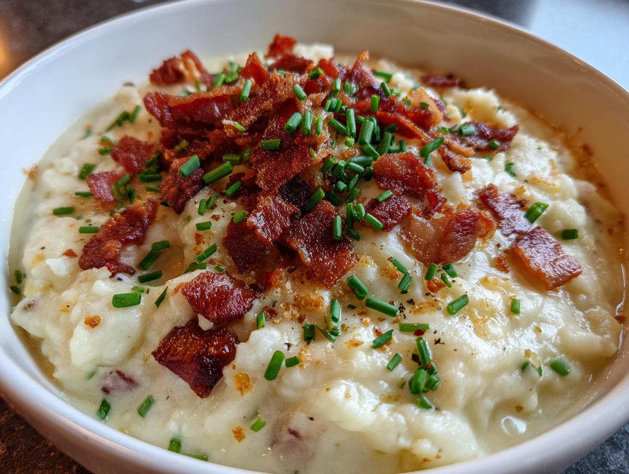 A close-up of a bowl of creamy loaded potato soup topped with crispy bacon bits and fresh chives.