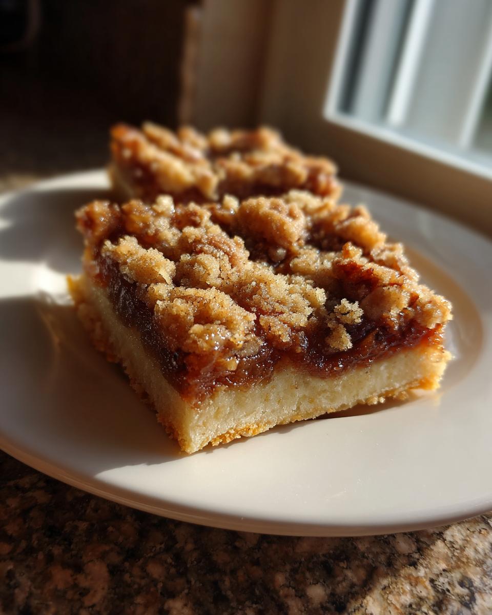 Close-up of two maple pecan pie bars on a white plate, showing the crumb topping and gooey filling.
