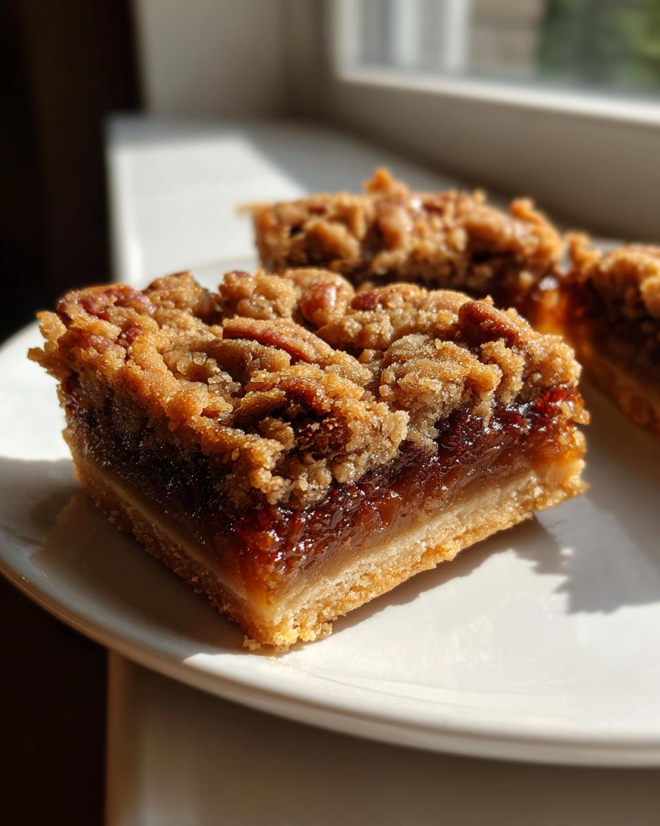Close-up of a maple pecan pie bar on a white plate, showing the gooey filling and pecan topping.