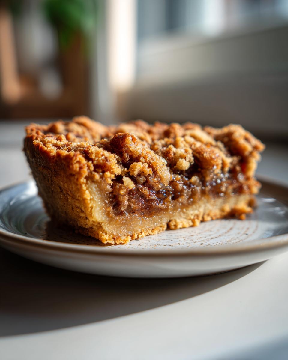 A close-up of a single Maple Pecan Pie Bar on a speckled plate, showcasing the crumbly topping and gooey filling.