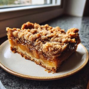 A close-up of a single serving of maple pecan pie bars, showcasing the gooey filling and crumbly topping.