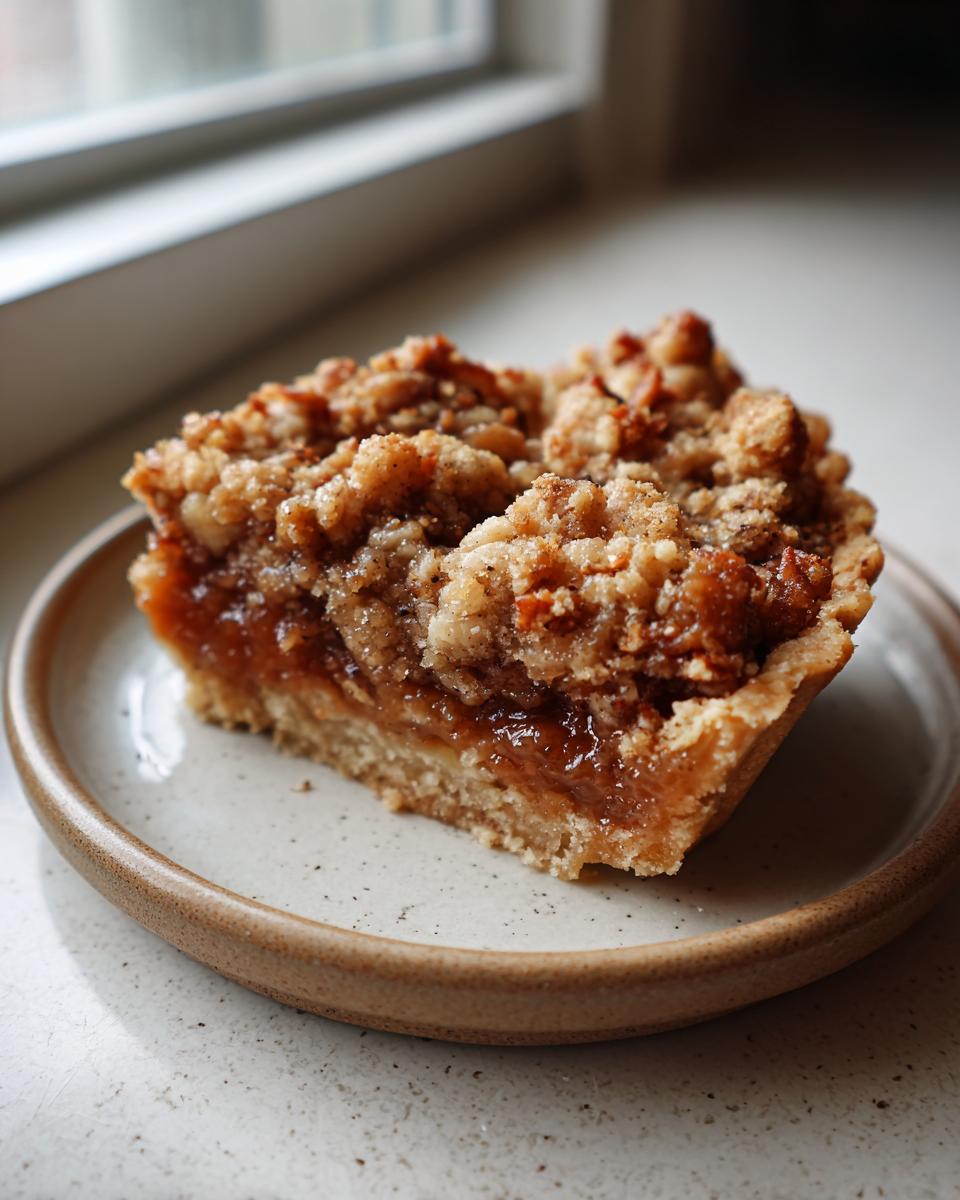 A close-up of a single Maple Pecan Pie Bar on a speckled plate, showcasing the gooey filling and crumbly topping.