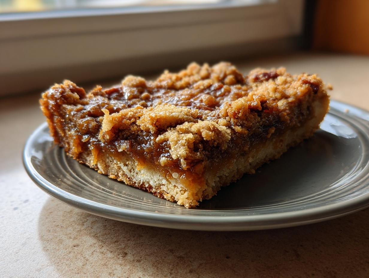 A close-up of a single Maple Pecan Pie Bar on a grey plate, showcasing the crumbly topping and gooey filling.