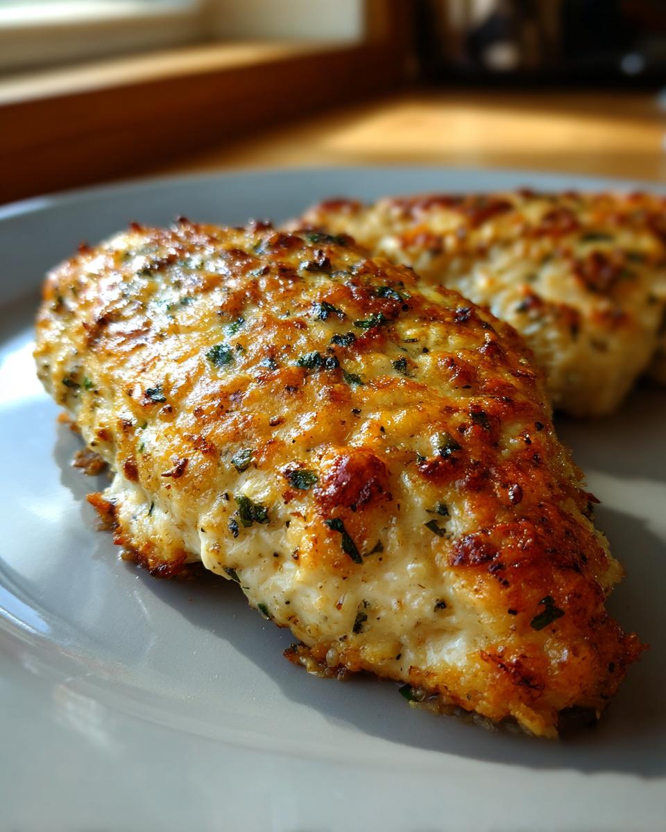 Close-up of two golden-brown, herb-crusted chicken breasts on a grey plate, showcasing a melt-in-your-mouth texture.